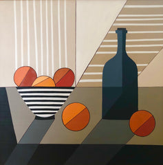 Bowl of Oranges With Blue Bottle