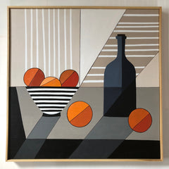 Bowl of Oranges With Blue Bottle